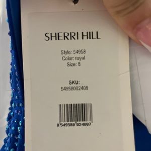 Sherri Hill royal blue long dress with train in back